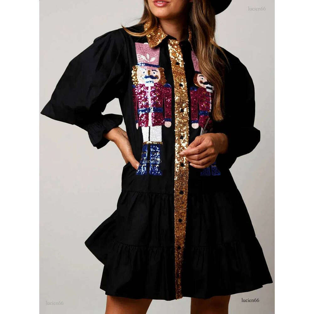 Women Sequin Christmas Nutcracker Shirt Dress Holiday Party Santa Sweatshirt Dresses Long Sleeve Tiered Mini Sundress for Prom 240821
