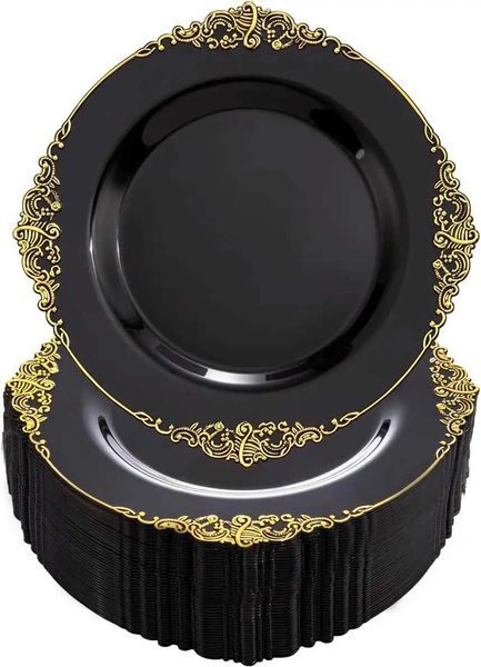 100PCS Black and Gold Plastic Plates - 10.25Inch Black Disposable Plates - Black Plastic Dinner Plates for Wedding PartiesXJ241209
