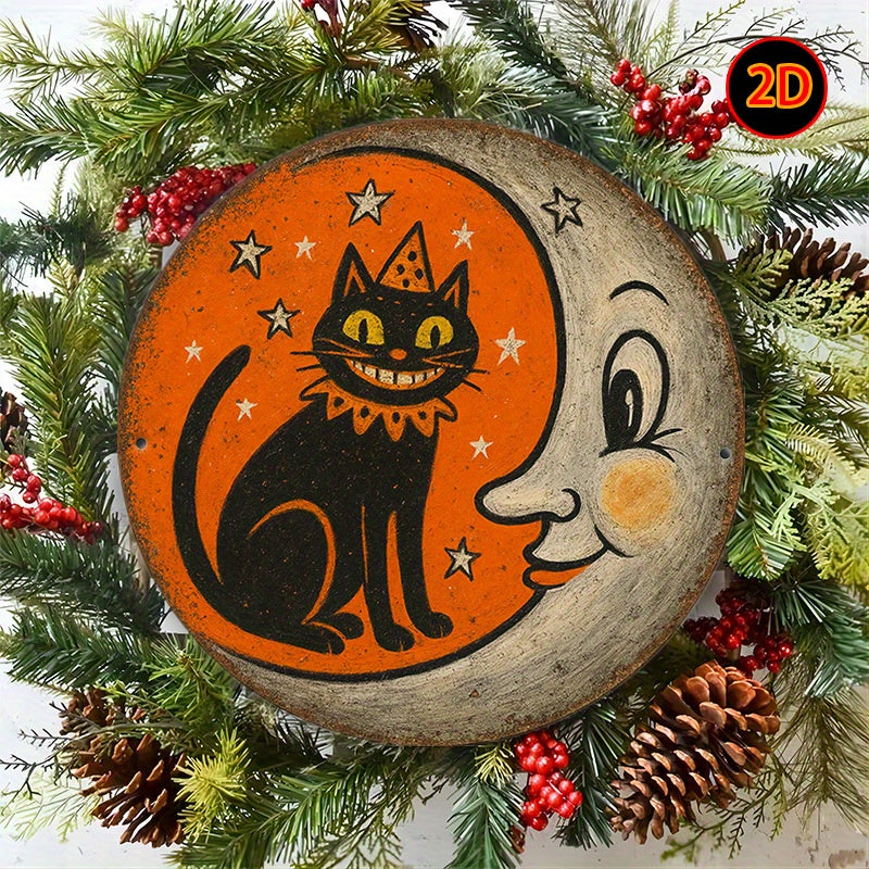 TEMU 2d Flat, 1pc Vintage Halloween Metal Wall Decor - Black Cat In Party Hat, Orange Background - Indoor-outdoor Hanging Art Plaque For Home, Bar,