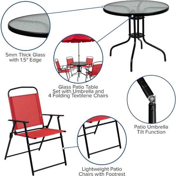 Flash Furniture Nantucket 6 Piece Patio Garden Umbrella Table - Set of 4 Black Folding Chairs