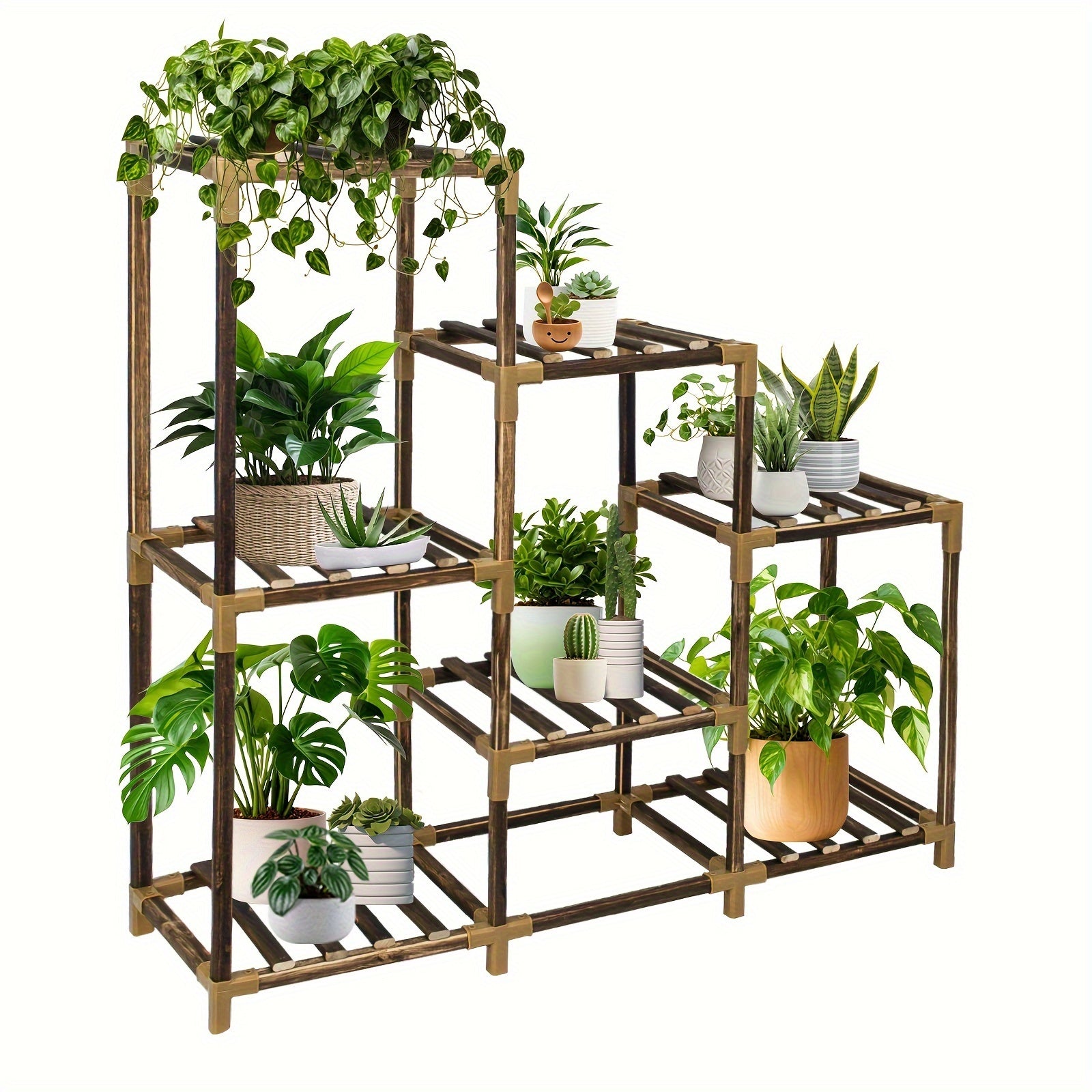 TEMU 3-tier Solid Wood Plant Stand For 7 Potted Plants – Indoor-outdoor , Durable & High-quality, Perfect For Home Decor, Gardens, And Gifts, Craft