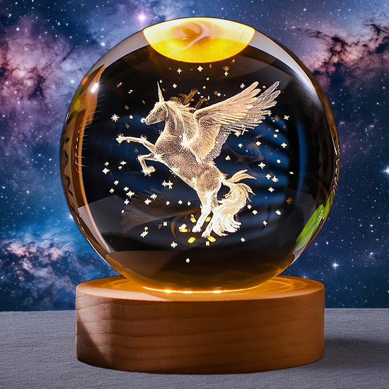 TEMU 1pc 3d Carved Unicorn Crystal Ball Night Light With Wooden Base - K9 Glass Sphere, 7-color Auto-change Led, Usb-powered Tabletop Decor For