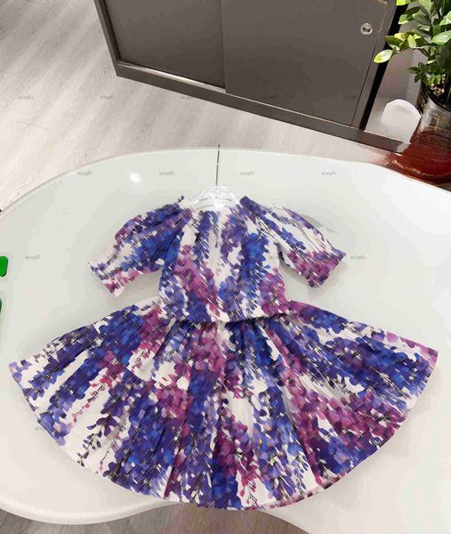 Brand Tracksuits girls dress Multiple styles baby dress set kids designer clothes Purple and blue leaf print short sleeve T-shirt and long s