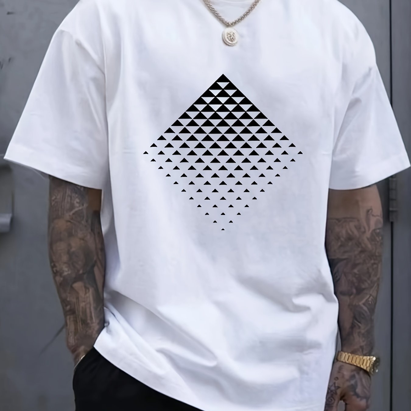 TEMU Men's 100% Cotton Geometric Print T-shirt - Stylish Round Neck, Short Sleeve, Casual For Casual Attire, White Graphic Tee For Men
