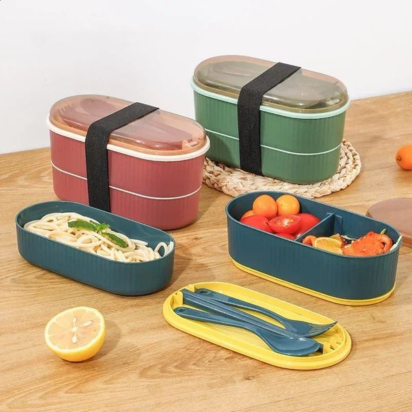 Double Layer Portable Lunch Box with Fork and Spoon Microwave Bento Boxes Dinnerware Set Food Storage Container 250113