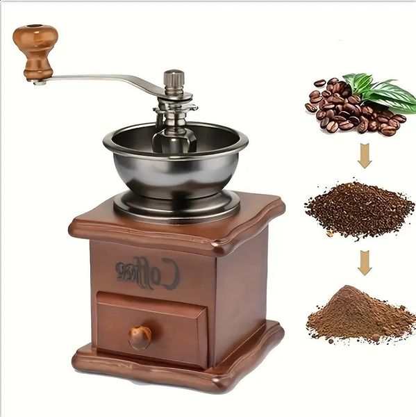 1 piece retro manual coffee grinder with burrs crank wooden style 241014