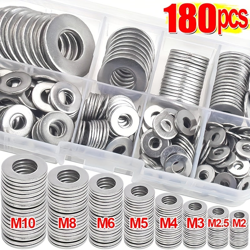 TEMU 180pcs Flat Washers Set - O-ring Fastening Washers, Polished Finish, M2-m10 Size, , Durable, For Diy Projects- Mechanical- Electronic, Great For