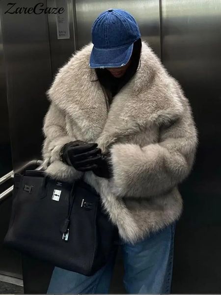 Womens loose long sleeved fluffy warm coat with artificial fur collar womens winter y fashion street clothing 240824