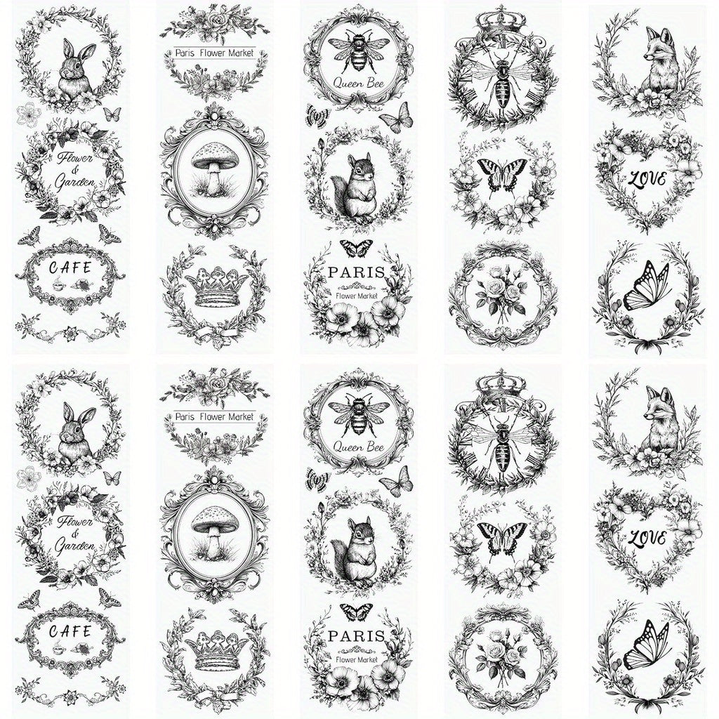 TEMU 10 Sheets Black Wreath Rub On Transfer Stickers - Waterproof Diy Craft Decals With Vintage Nature & Animal Designs, 10x30cm, Furniture, Gift