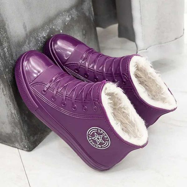 Rain Boots Stylish warm womens galoshes rain shoes with fur winter waterproof boots woman fashion garden rainshoes plush raining boot brand