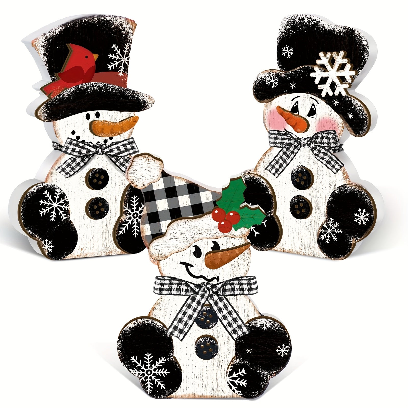 TEMU 3pcs Christmas Snowman Wooden Table Decorations Centerpiece Block Holiday Wood White And Black Winter Snowman Tiered Tray Tabletop Sign For