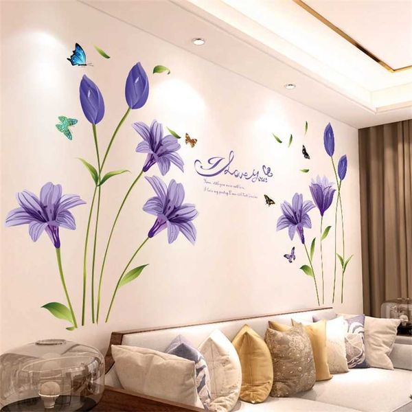 DIY Purple Lavender Living Room Wall Stickers Decor Self-adhesive Flowers Butterfly Wall Decals Mural Bedroom Home Decorations Y240730
