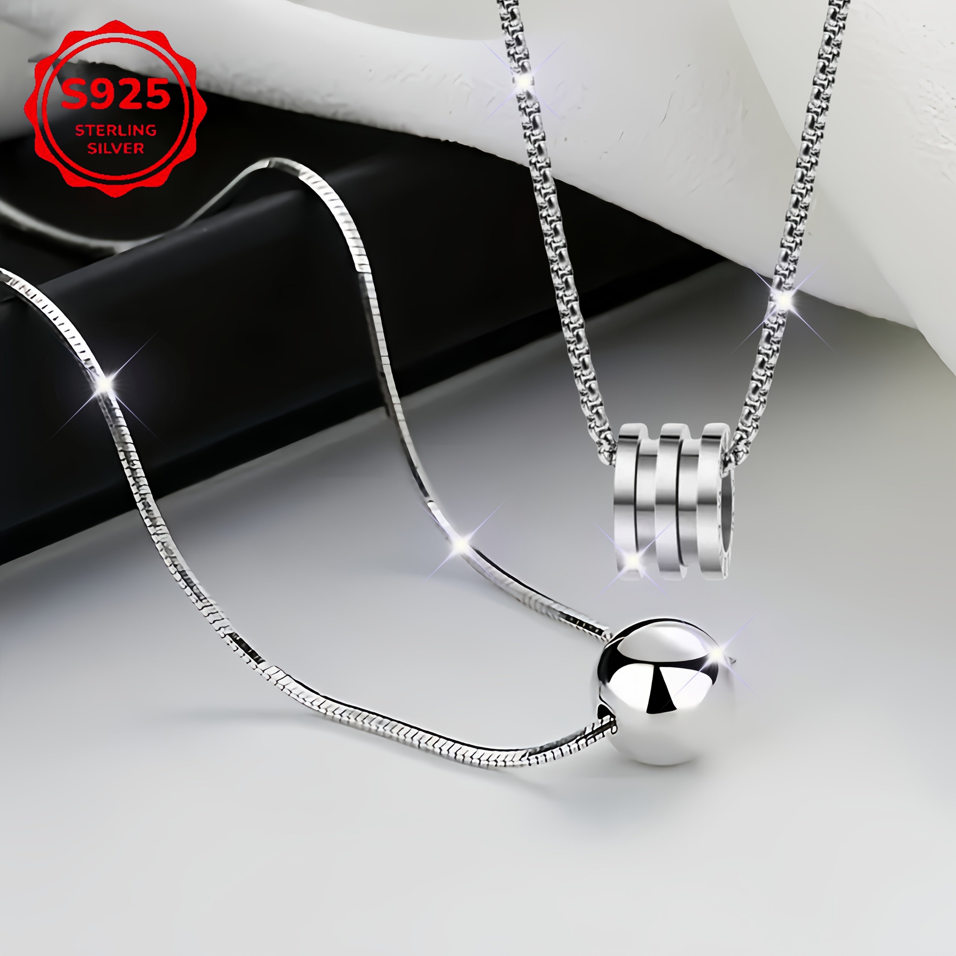 TEMU 2pcs S925 Sterling Silver Necklace, New For Autumn And Winter Retro Minimalist Style, Simple Ball Pendant, Snake Bone Chain, Elegant Anniversary
