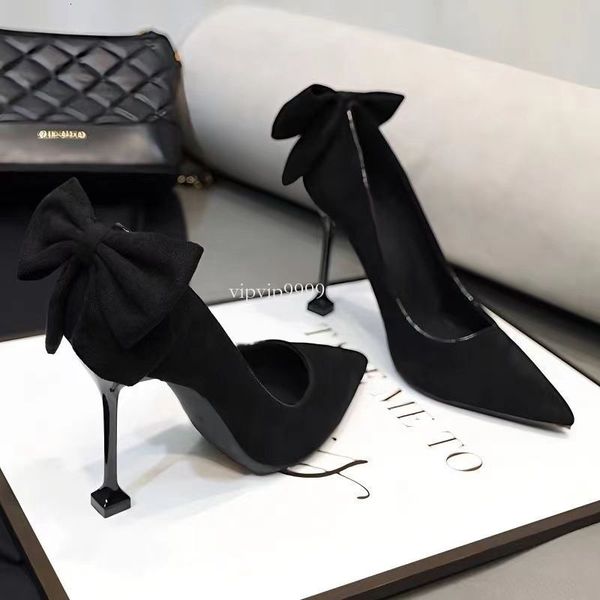 2024S Designer Spring and Autumn New Black High Thin Heels Butterfly Bow Korean Edition Shallow Mouth DHgate Single Large Women Shoes