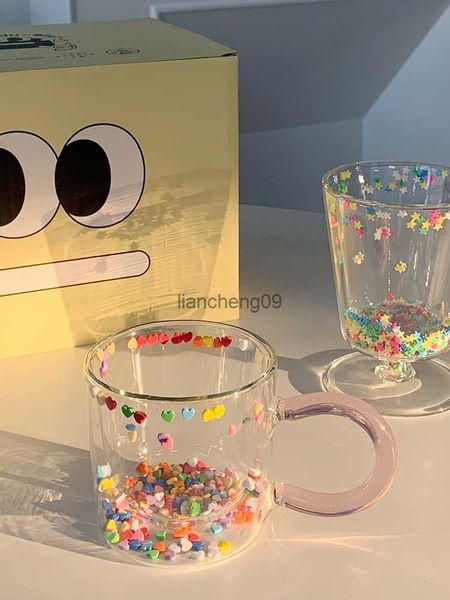 Korean Double Layer Love Quicksand Glass Cup Cute Girl Heart Creative Water Cup Transparent Juice Goblet L230620