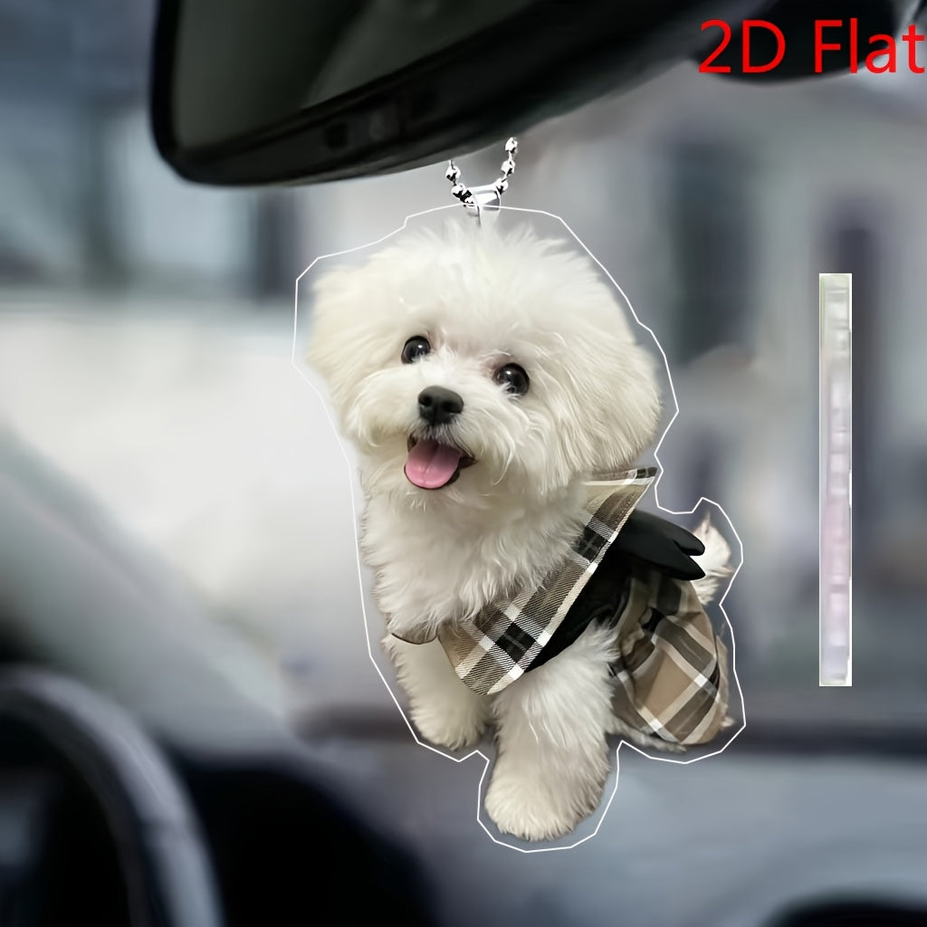 TEMU 2d Flat, 1pc 2d Flat Cute Car Car Mirror Charm Decoration Interior Accessories Hanging Ornament, Durable Plastic Cute Puppy For Vehicle Bag,
