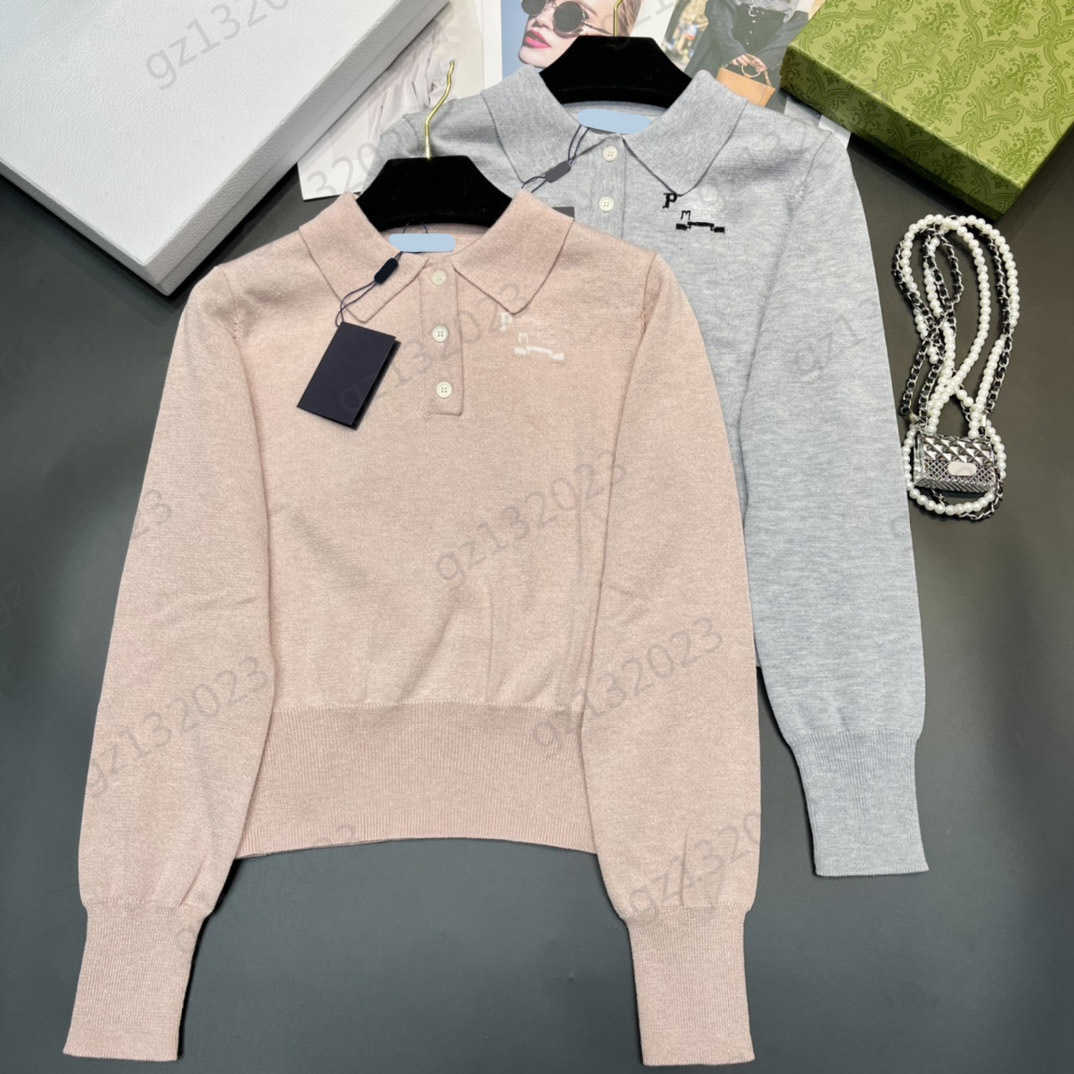 Womens Sweaters Chest Logo Embroidered Shirt Collar Long Sleeves Knitted Sweater Simple Classic Style Casual Joker Knitwear Women Clothes 2 Colors