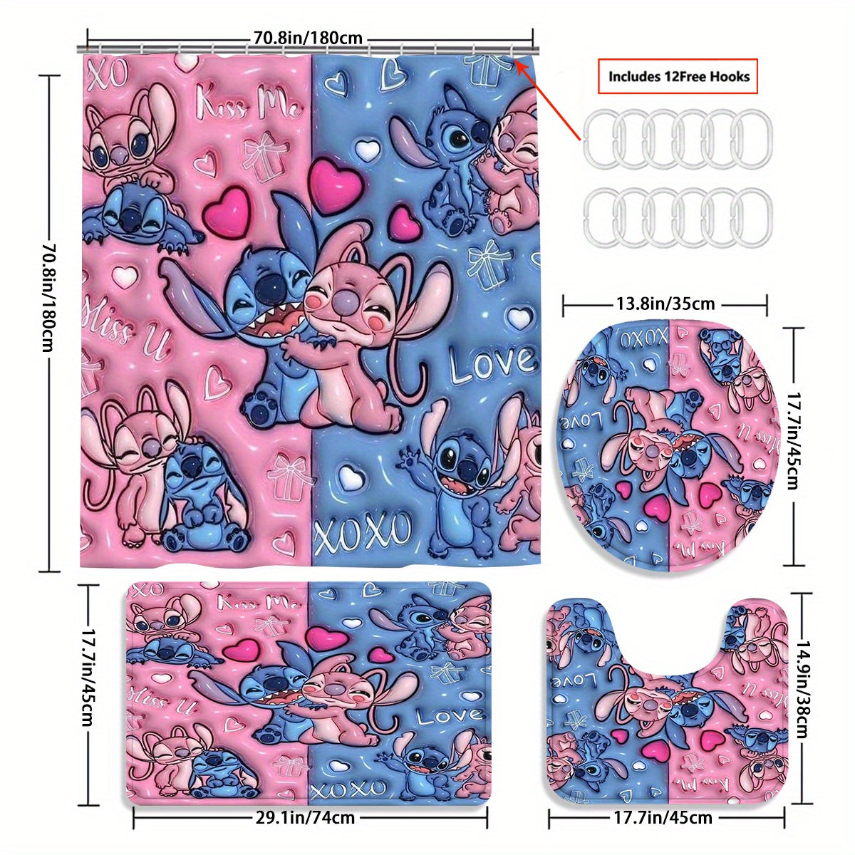 TEMU 1pc-4pcs Stitch Pattern Shower Curtain High Quality Set, Includes Non-slip Floor Mat, Toilet Seat Cover, Bathroom Mat, Shower Curtain And 12