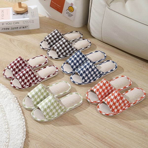 Women Linen Cotton Slippers Home Casual Grid Indoor Soft Slipper Spring Autumn Flip Flops Female Slides Floor Flat Shoes A001