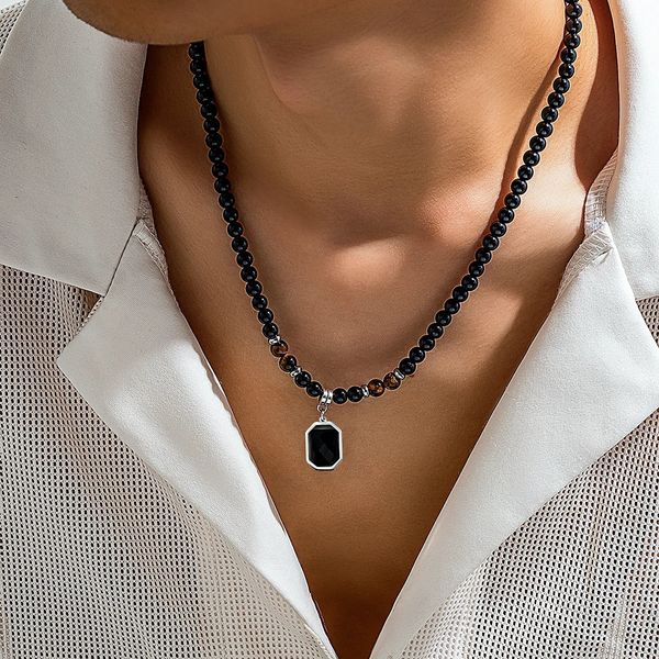 Chokers PuRui Hip Hop Stainless Steel Geometric Pendant Necklace for Men Black Acrylic Natural Stone Beads Choker Boy Neck Chain Jewelry 231