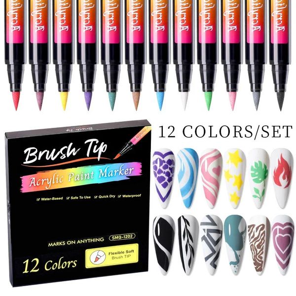 12Colors Nail Art Graffiti Pen Set Nail Markers Highlighter Waterproof Drawing Painting Liner Brush DIY Nail Arts Kit Accessorie 240702