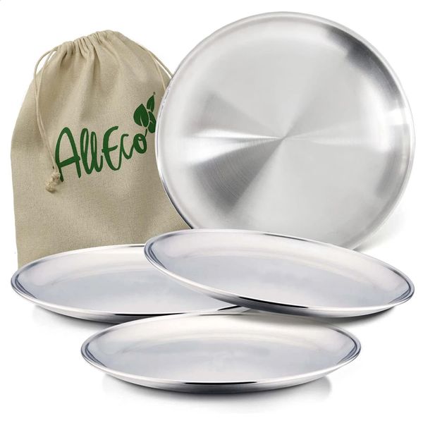 20cm Round Metal Dish Camping Stainless Steel 304 Serving Dinner Plates 4 Pack with alleco cotton bag for BBQ Snack Salad 241223