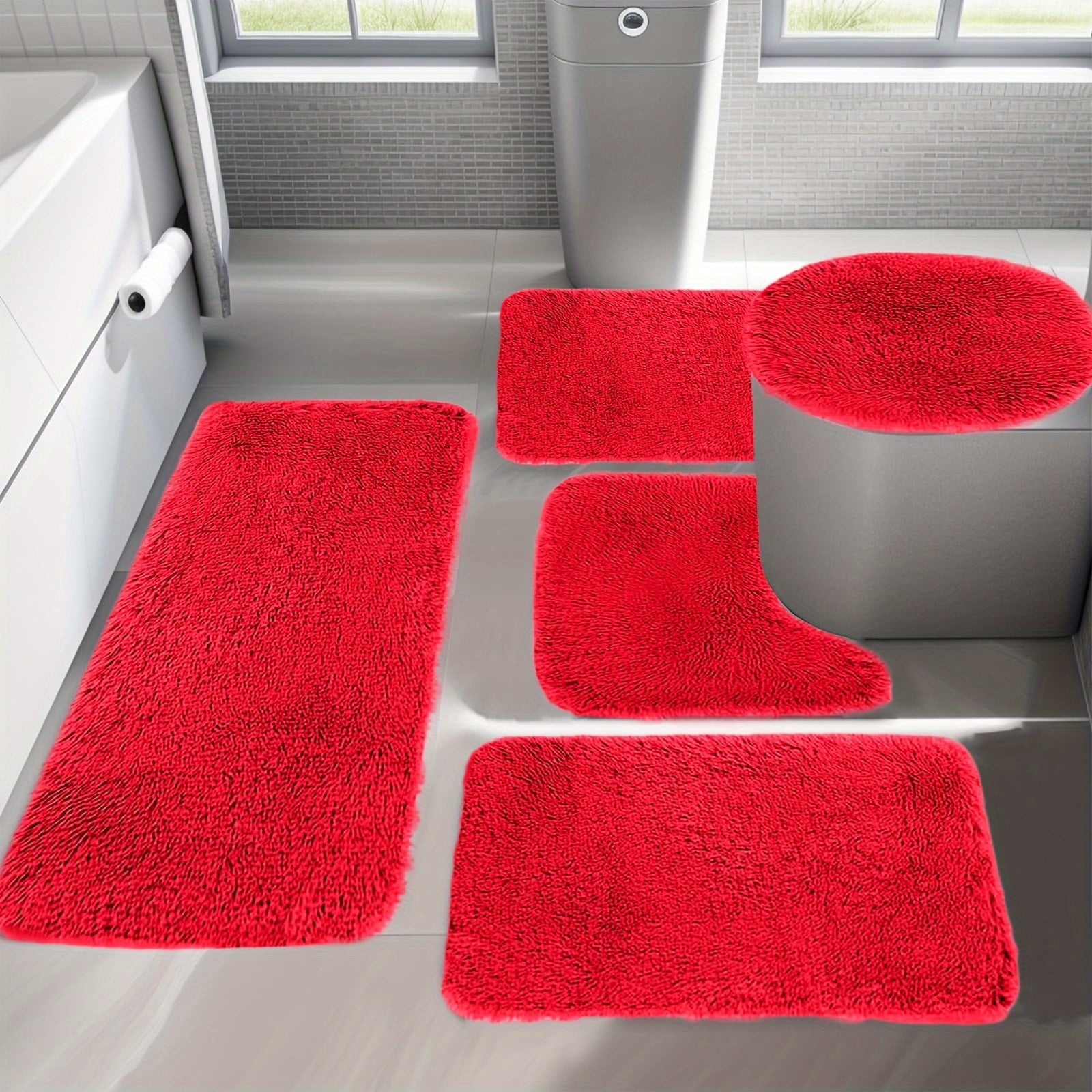 TEMU 3pcs-4pcs-5pcss Solid Color Long Fleece Bath Mat Set Bathroom Rugs Sets Thick 3-4-5pcs Bath Mats For Bathroom Mats Sets Bathroom Rugs For Toilet