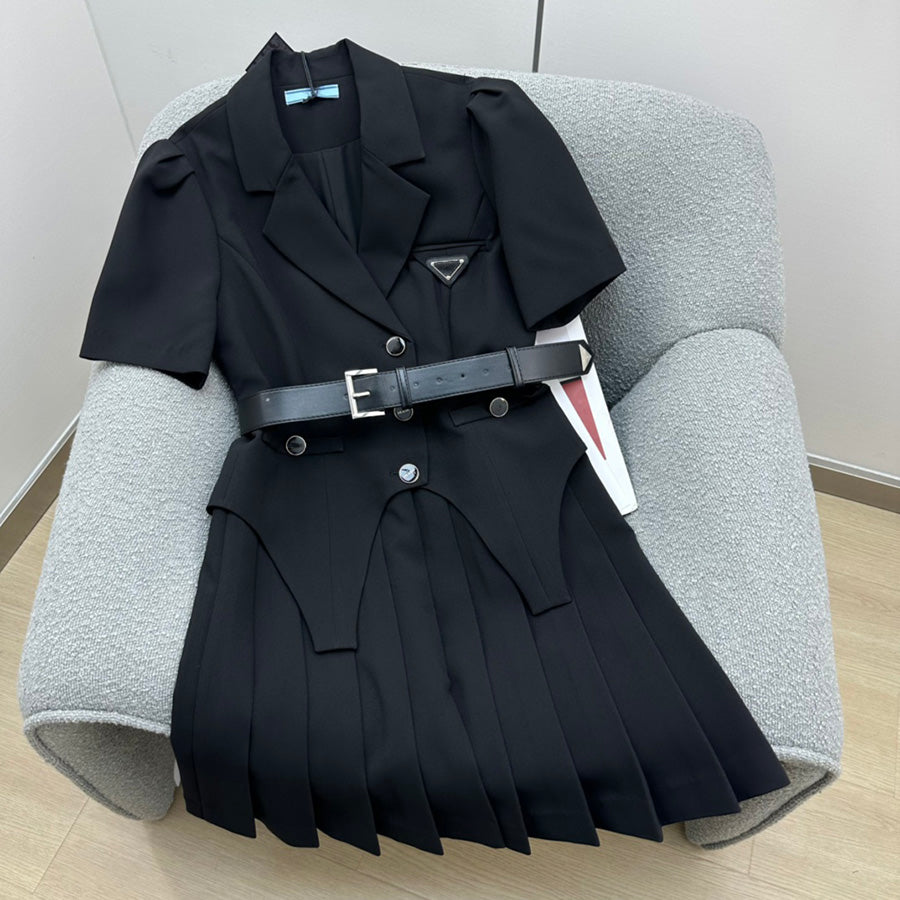 Womens Casual Dresses Fashion Suit Pleated Dress Double-breasted Suits Elegant Woman Long Sleeves Dresses Summer Classic Print Clothing 23ss