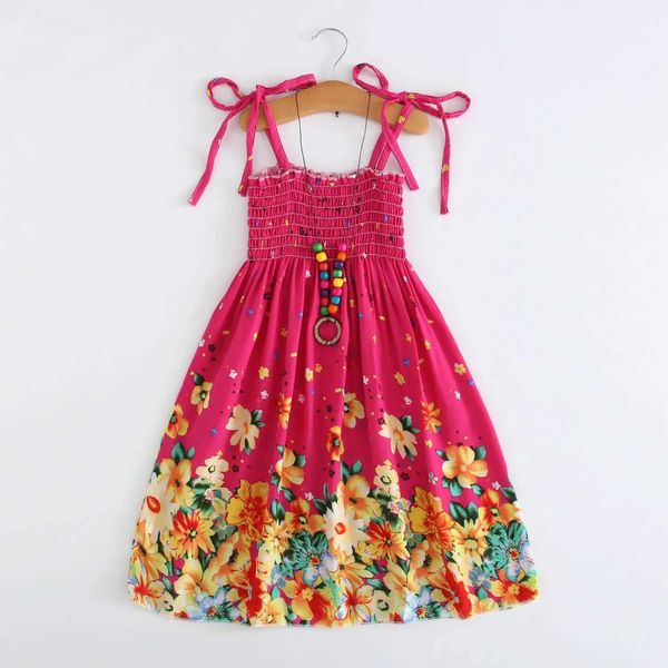 Summer girls floral dress with camisole and ruffled edges Bohemian beach princess dress girls clothing 2 6 8 12 years old with necklace as a