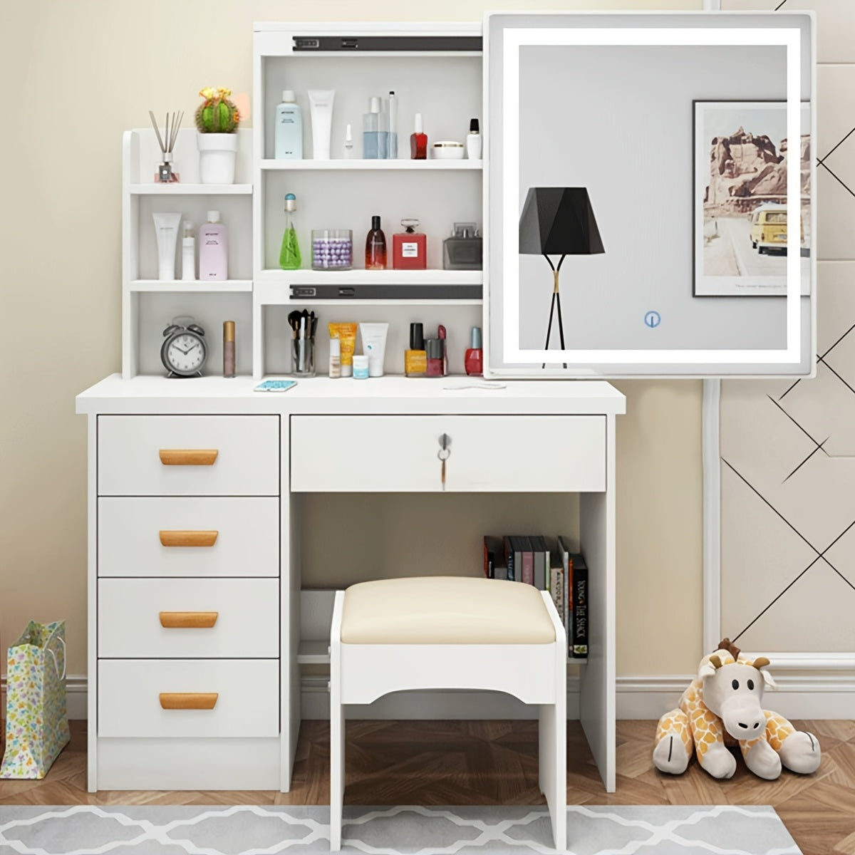 TEMU 1pc Keenso Classic Set With Sliding Lighted Mirror, 5 Drawers, Dresser Desk, Shelves & Cushioned Stool - Wood, Mdf, Fiberboard & Cork Material,