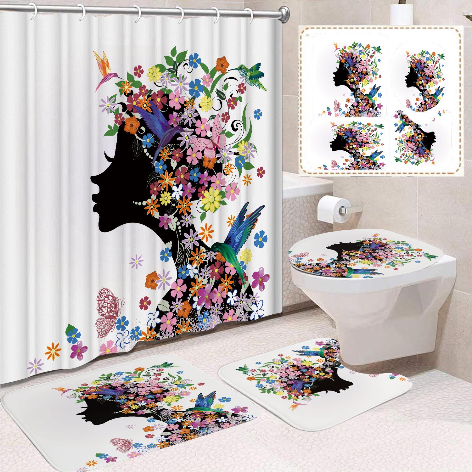 YL-37477 Shower Curtain African Girl Home Bathroom Decoration Curtain Toilet Floor Mat Toilet Non-slip Floor Mat