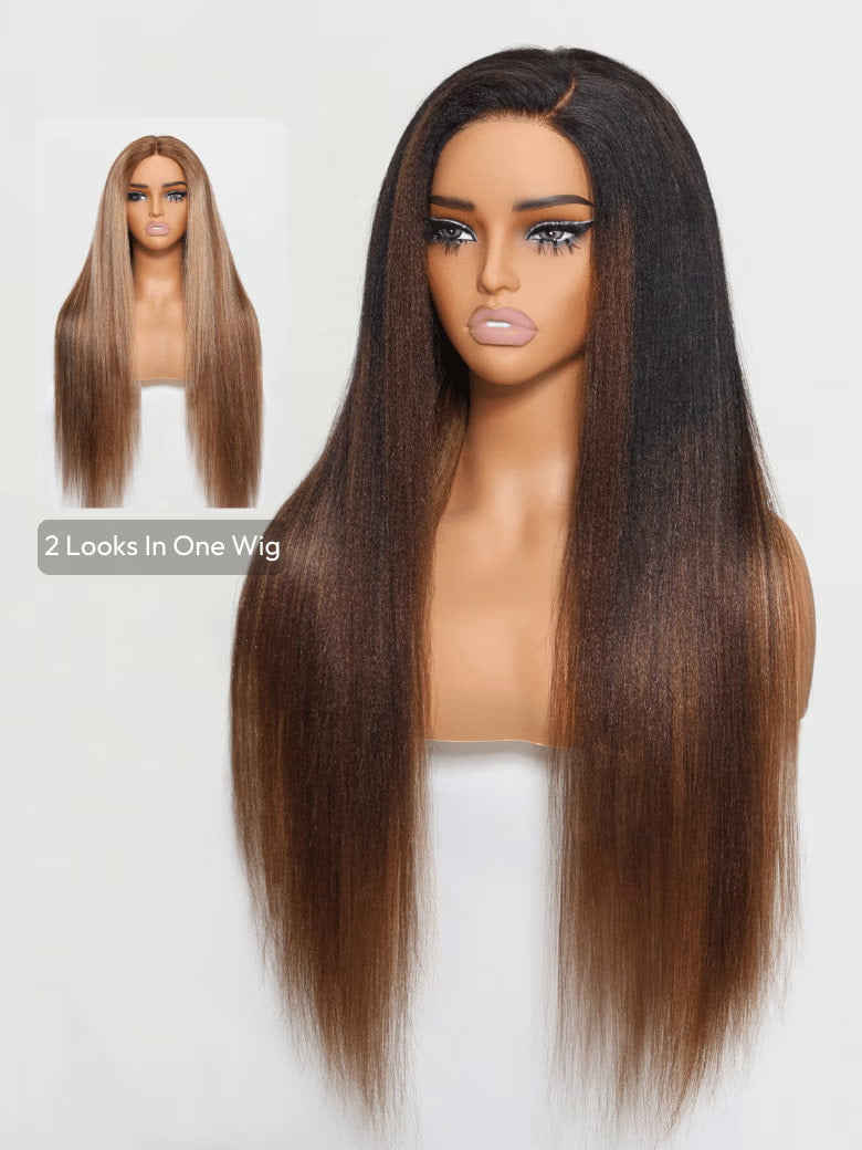 [20Inch 180% Density] 4x4 Yaki Straight Wig Ombre Chestnut Brown & 4x1 Lace Honey Blonde Higlight 2 Styles In 1 Put On And Go Wig