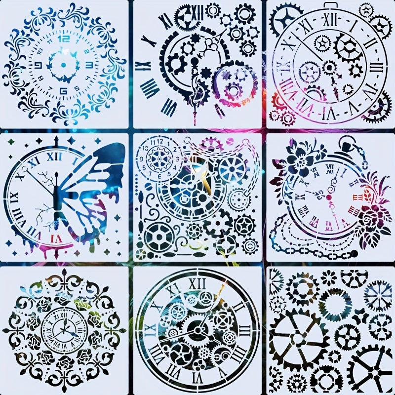TEMU 9pcs Set Of Intricate Clock & Gear Design Stencils - Reusable, Washable Diy Art For Scrapbooking, Crafts, Home Decor, And More - Perfect For