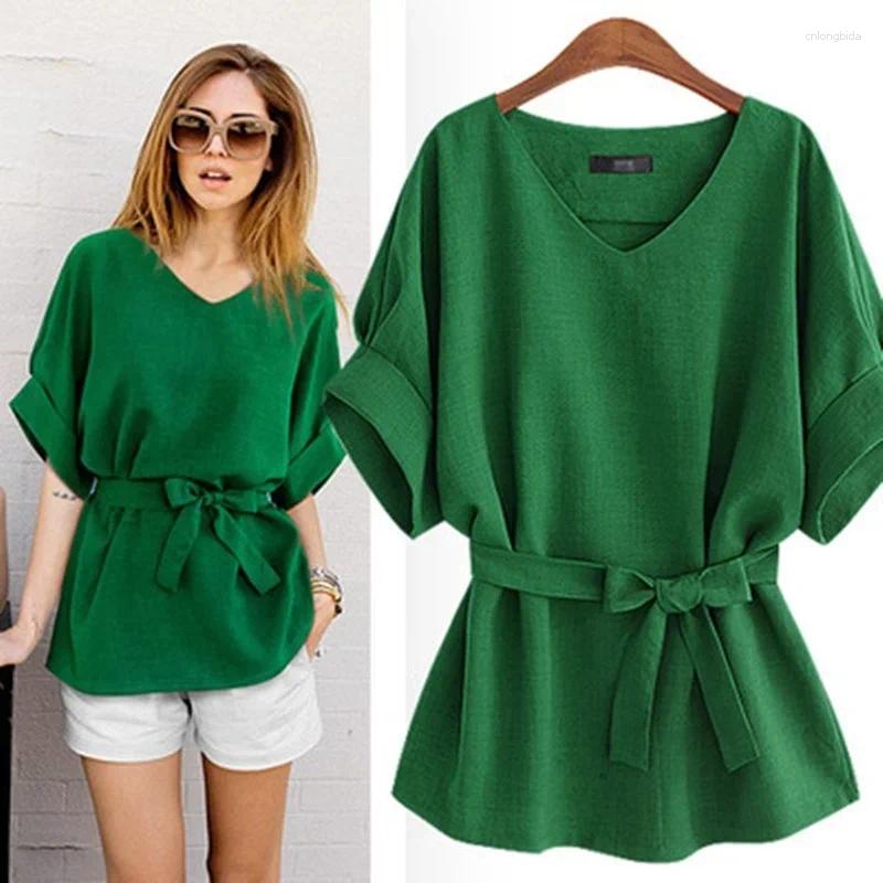 Women&#039;s Blouses T-shirt V-Neck Green Tops Women 2024 Casual Cotton Linen Solid Short Sleeve Shirt Summer Clothes For