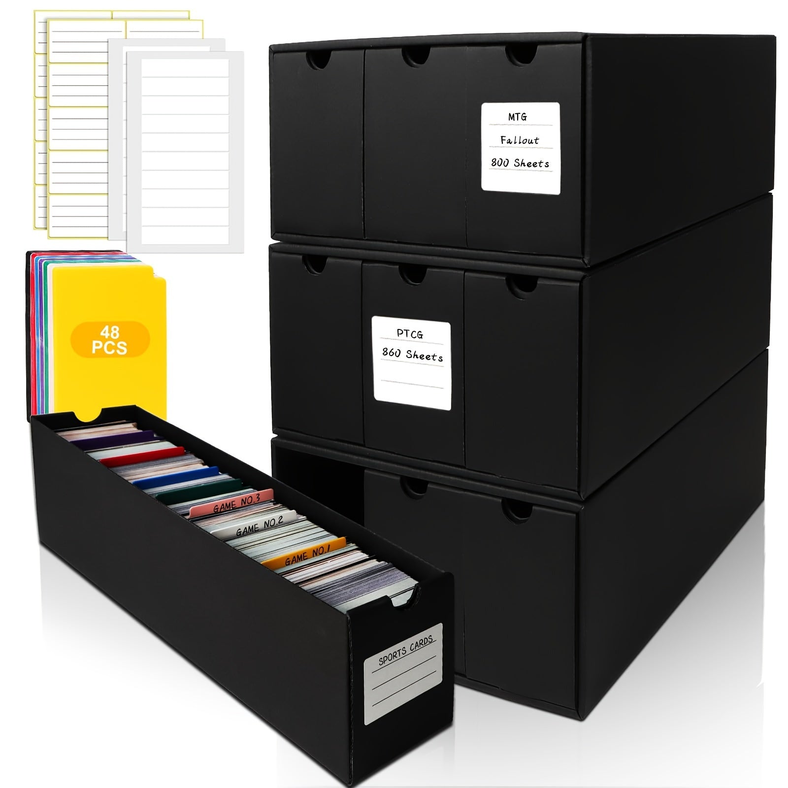 TEMU Trading Card Storage Box, Includes 9-600 Ct Boxes & 48 Card Dividers, 9000+ Trading Card Organizer For Collectible Card Games, For Tcg, Yugioh,