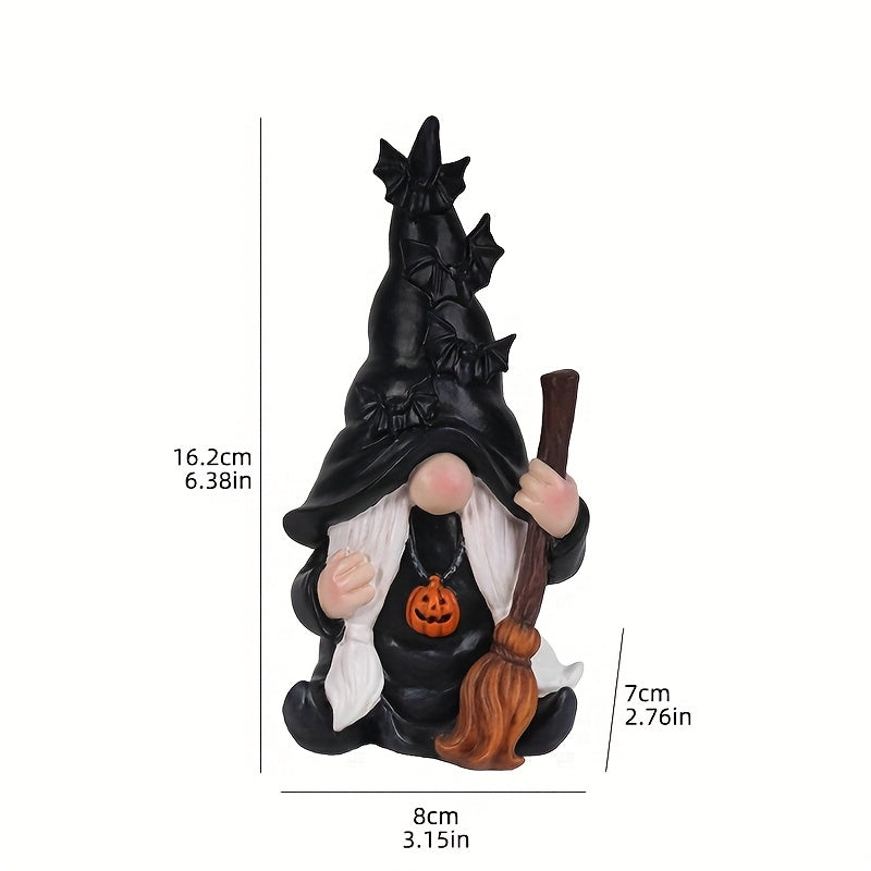 TEMU Halloween Goblin Ornament, Bat Holding Broom-pumpkin Striped Hat - Resin Material For Decorating Halloween-themed Scenes In Living Rooms & Study