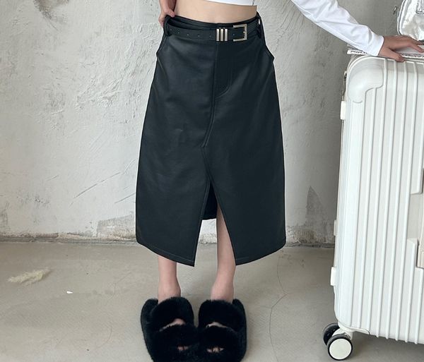 Fashion Girls PU skirts teenagers high waist Front slit long skirt children black soft leather clothes S2042
