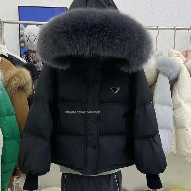 designer down jackets womens puffer jacket big fox fur collar embroidered hooded coat warm winter jacket womens designer puffer jackets
