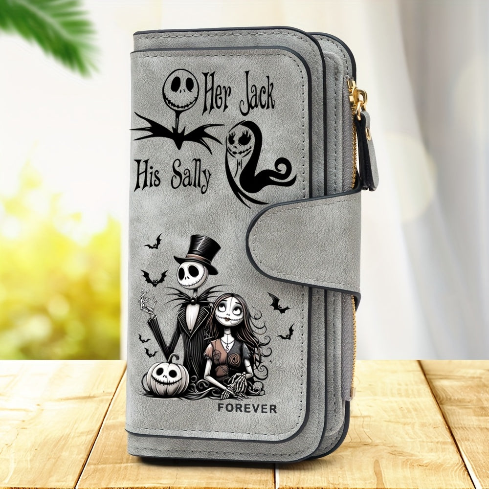 TEMU The Before Christmas Long Wallet - With Snap Closure, Large Capacity Multi-card Holder, Vintage (bats, Pumpkins, Spiders), Lightweight Foldable