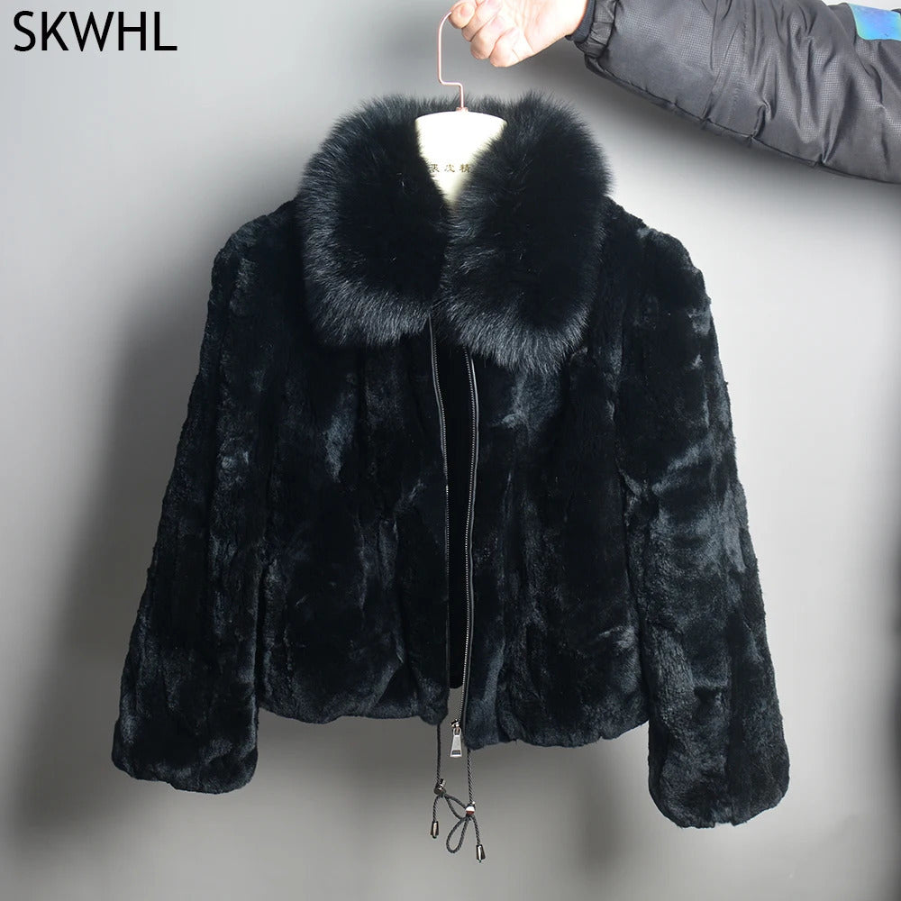 Women Winter Thick Natural Real Rex Rabbit Fur Coat Lady Warm Quality 100% Genuine Jacket With Fox Collar 241113