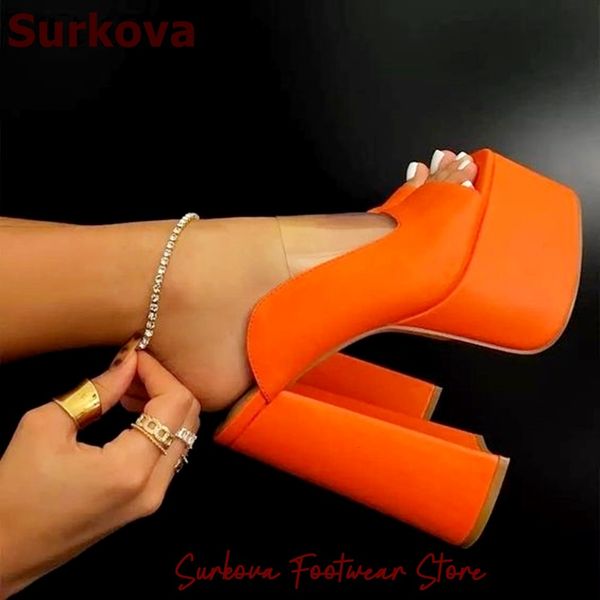 Surkova Orange Matte Chunky Heel Platform Slippers Women Clear PVC Open Toe Block Heels Dress Pumps Slip-On Banquet Shoes Size46
