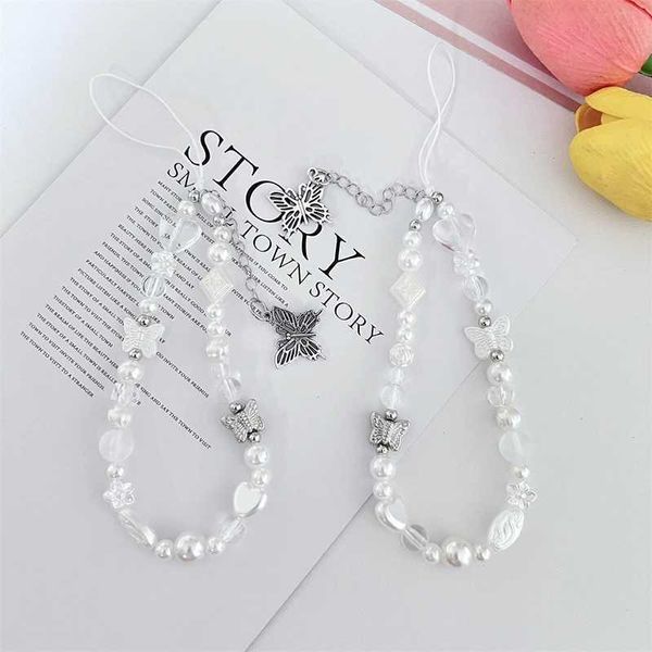 Cell Straps Charms 1PC Silver Butterfly Pendant Beaded Mobile Chain Fashion Cellphone Case Hanging Rope Women Telephone Phone Lanyard Jewelr