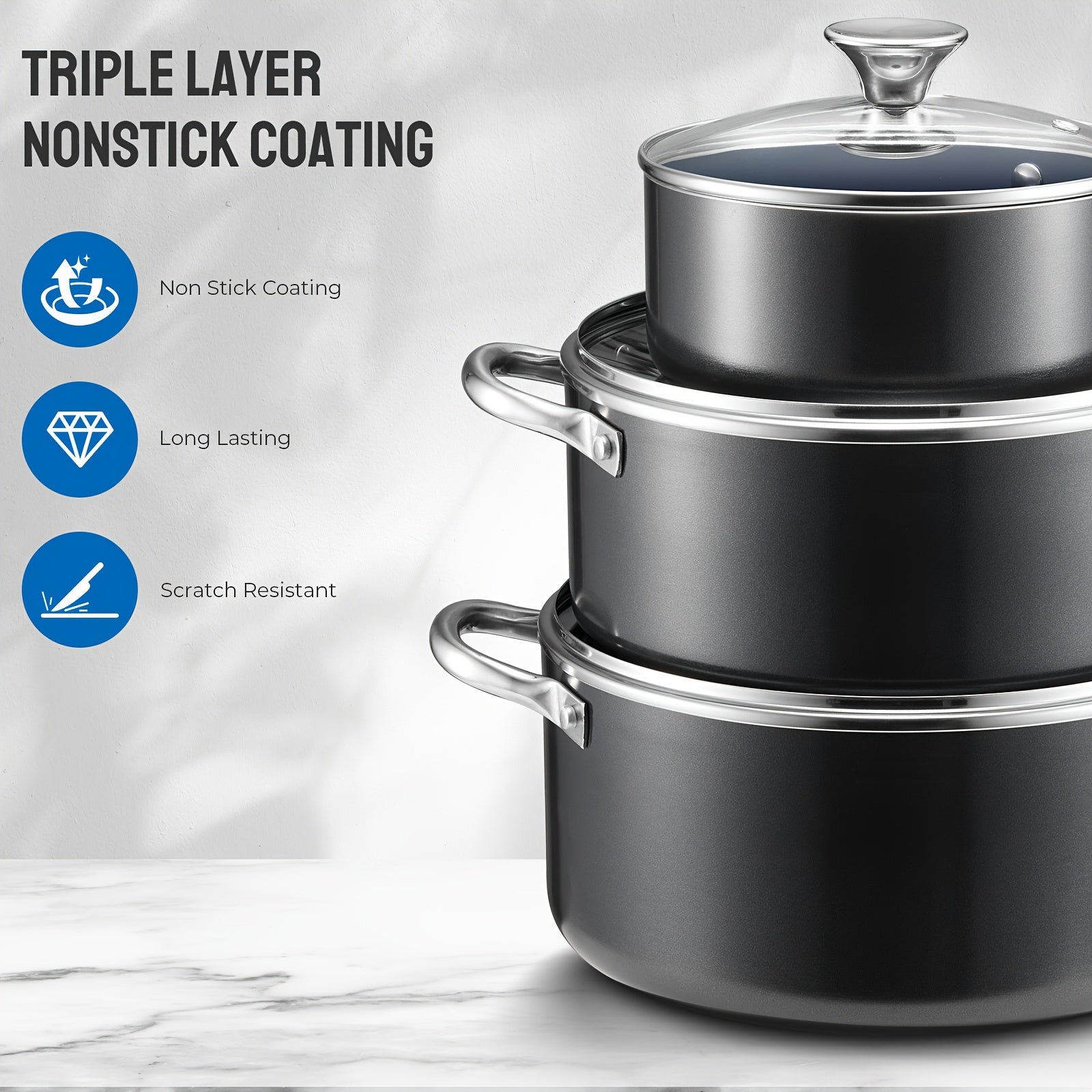 TEMU Induction Cookware Set 6-piece, Pots And Pans Set With Ceramic Coating, Handles & Lids, Dishwasher Safe & Oven Safe, Compatible With All Stoves,