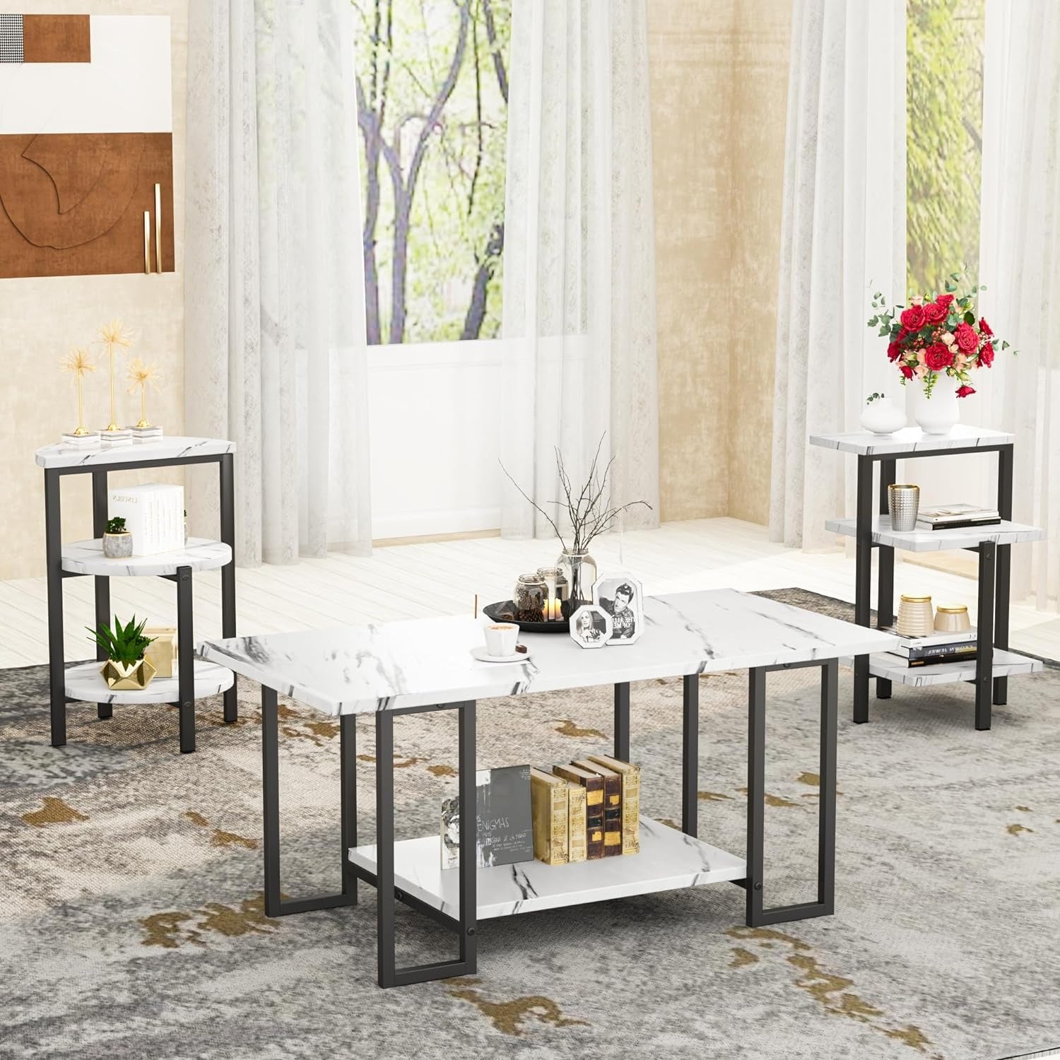 TEMU Marble Table Set Of 3, Coffee Table & 2 End Side Table, With Marble Tabletop And Metal Frame, 3 Piece Living Room Table Sets With Multi Tier