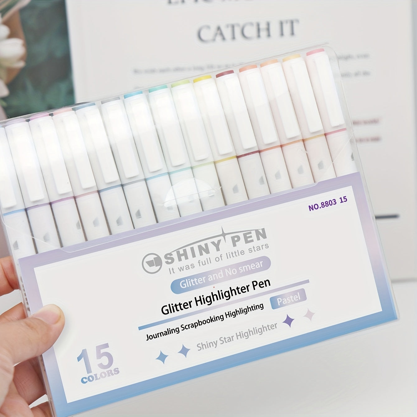 TEMU 15pcs Vibrant Glitter Highlighter Pens With Shimmer Finish For Journaling, Scrapbooking, Painting & School Projects - Smooth Application, Pastel