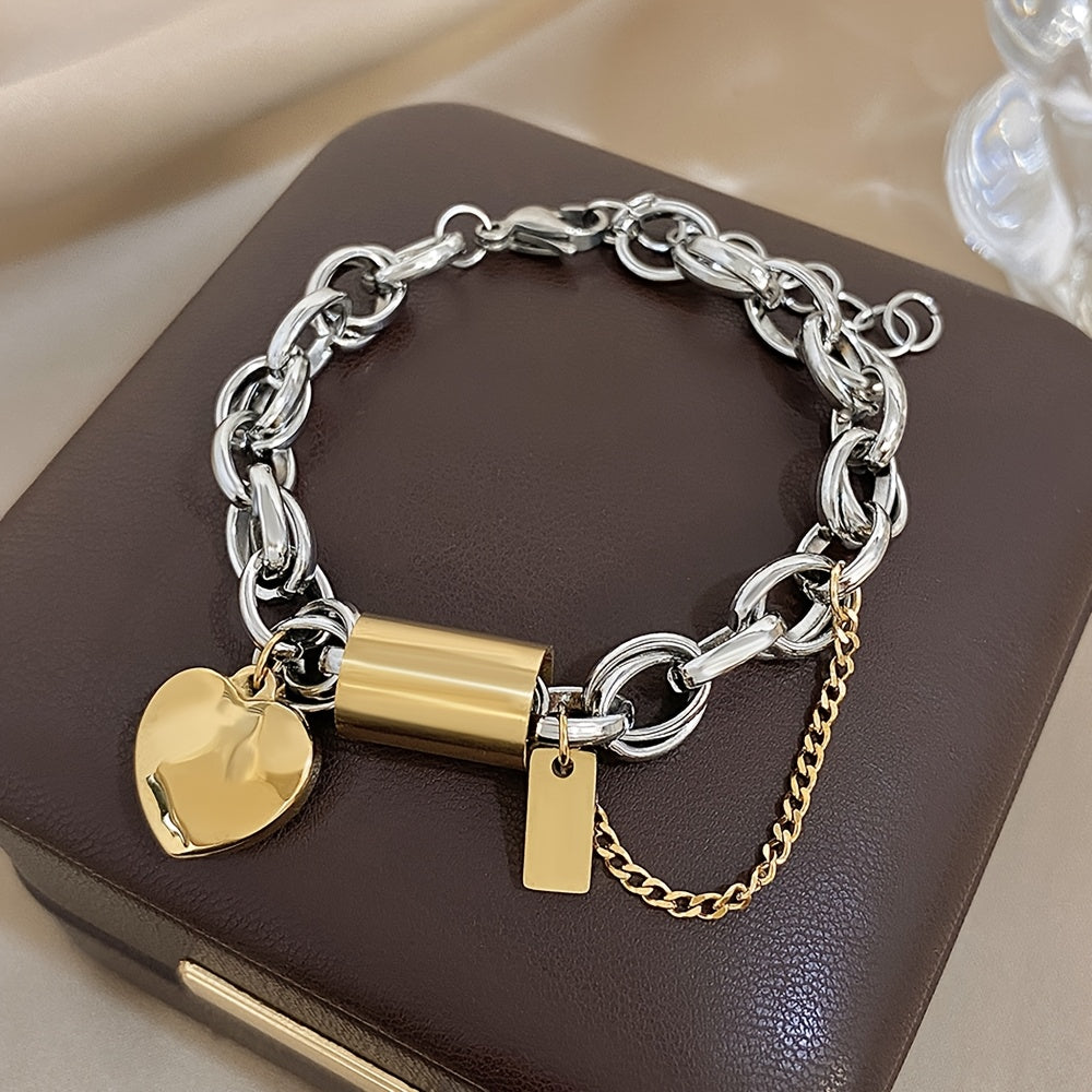 TEMU 1pc Punk Chunky Golden Silvery Mixed Color Thick Chain Stainless Steel Bracelet With Heart Pendant, Wrist Jewelry For Women And Men, Parties And