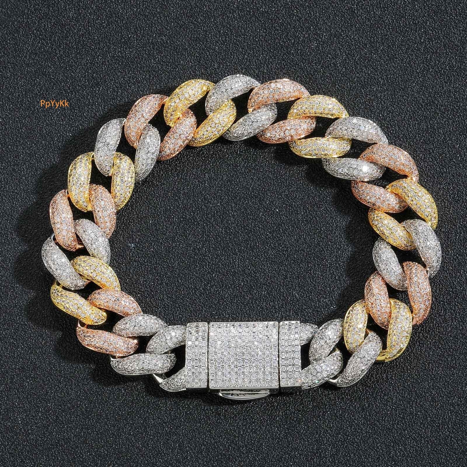 15mm Iced Out Bubble Chain Tri-Color Plated Cuban Link Dense Moissanite Bling Men&#039;s Hip Hop Statement Piece Pass the diamond tester