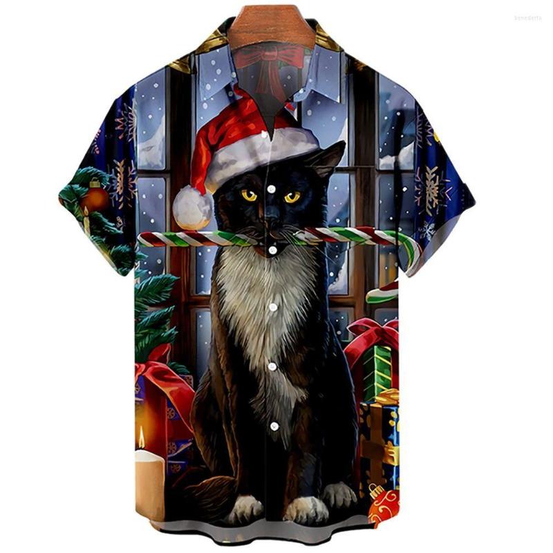 Men&#039;s Casual Shirts Fashion Men&#39;s Christmas Santa Xmas Hawaiian Beach One Button Cat Printed Short-sleeve Blouses Tops Camicias
