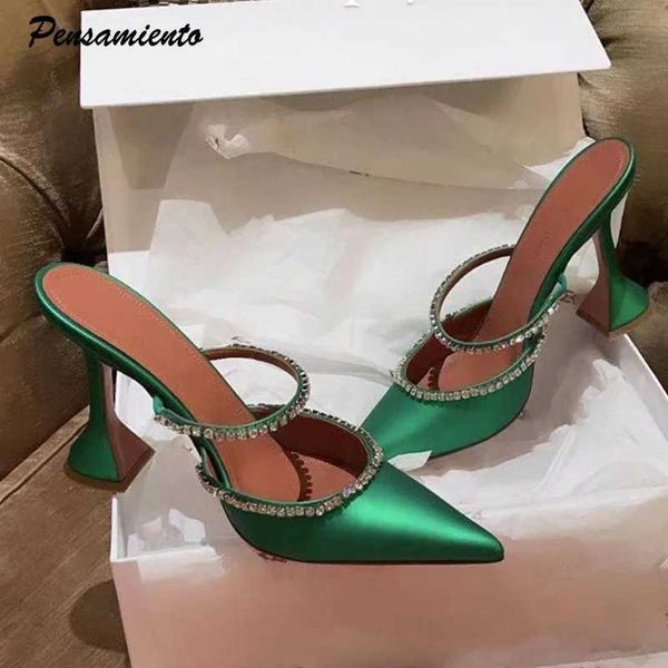 Sandals 2024 Rhinestones satin Women Pumps Slippers Elegant Pointed toe High heels Lady Mules Sildes Summer Fashion Party prom Shoes Q241121