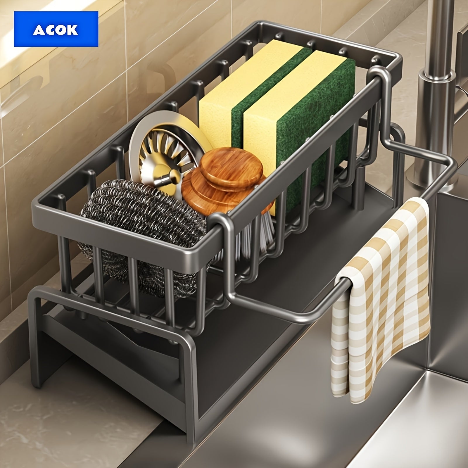 TEMU Sponge Storage Rack, Multifunctional, Waterproof, Metal Kitchen Storage Rack With Removable Dish Towel Holder, Brush Holder, Dish Soap Dispenser